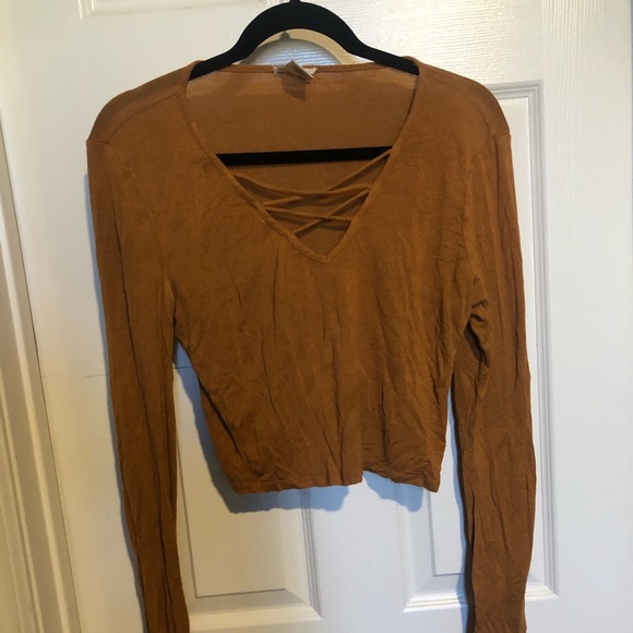 Mustard strappy long sleeve cropped top - Picture 1 of 3